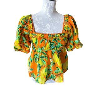 FARM Rio Orange Chic Pears Puff Sleeve Colorful Medium Womens